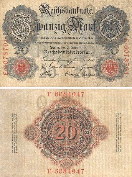 Reichsbanknote 20 Mark 1910 Ro 40b Vf Banknoten Und Geldscheine