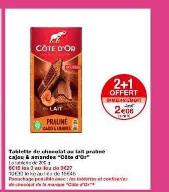 Promo Tablette De Chocolat Au Lait Pralin Cajou Amandes C Te D Or