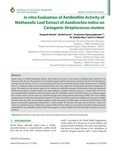 Pdf In Vitro Evaluation Of Antibiofilm Activity Of Methanolic Leaf