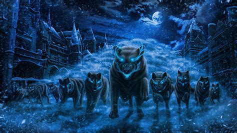 Picture Wolves Running Fantasy Snow Moon Night Time Magical Animals