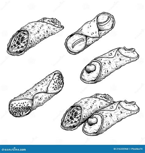 Hand Drawn Sketch Style Cannoli Set Traditional Italian Dessert