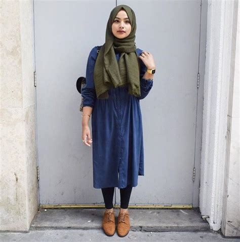 Pinterest Eighthhorcruxx Blue Dress Green Hijab Black Leggings