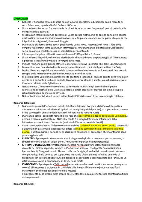 Schema E Riassunto Dettagliato Su D Annunzio Dannunzio Gabriele D