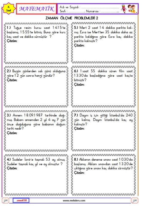 4 Sınıf Matematik Zaman Ölçme Problemleri Etkinliği 2 Meb Ders