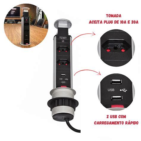 Torre De Tomada Retratil Multiplug Embutir Mesa Granito Inox Tomadas