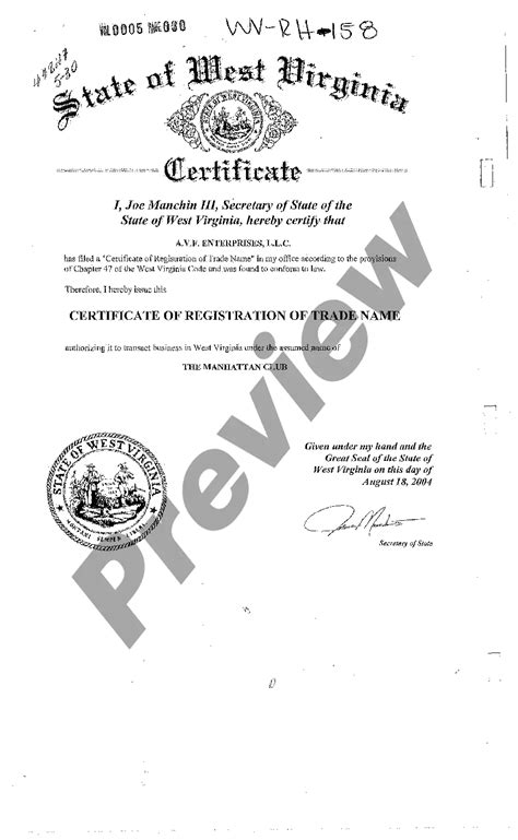 West Virginia Certificate Of Registration Of Trade Name Us Legal Forms