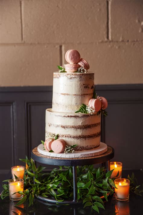Two-Tier Naked Cake with Pink Macarons | Naked wedding cakes, Wedding