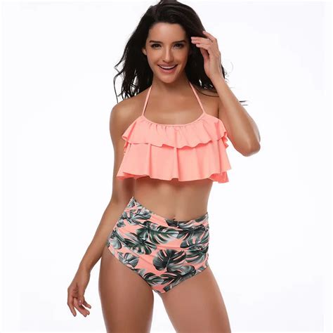 Hot Sexy Bikini Set Double Ruffle Swimwear Women Swimsuit Halter