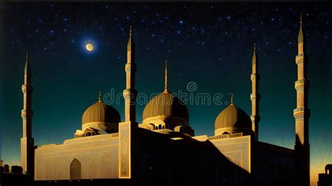 Mosque Night Time Full Moon Ramadan Kareem Eid Greetingsl Islamic Culture Ramzaan Generative AI ...