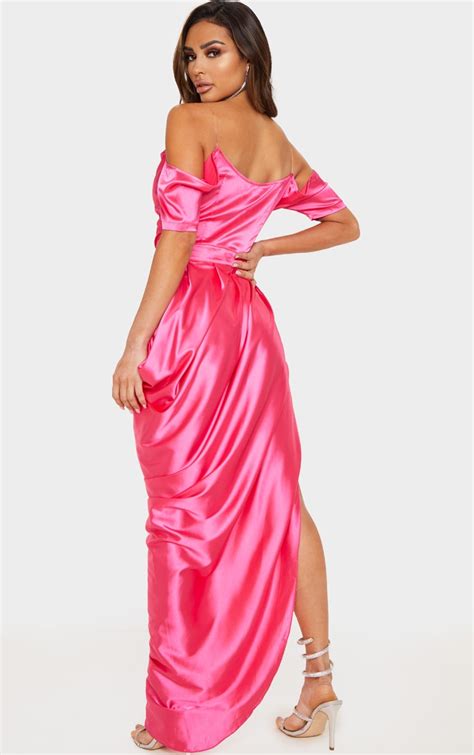 Hot Pink Satin Ruched Asymmetric Hem Maxi Dress Prettylittlething Aus