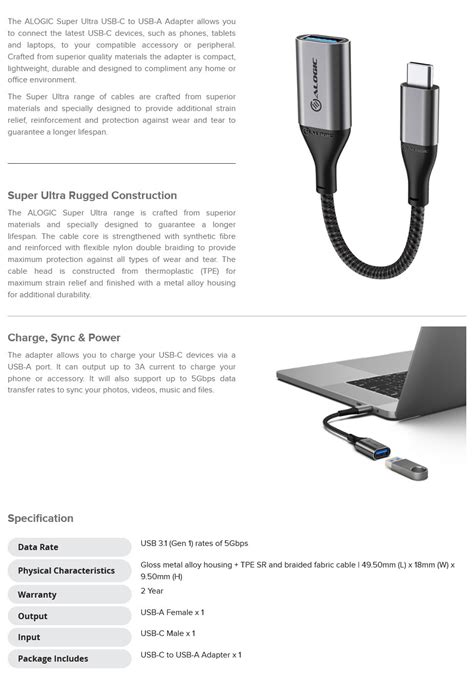 Alogic 15cm Super Ultra Usb C To Usb A Adapter Space Grey