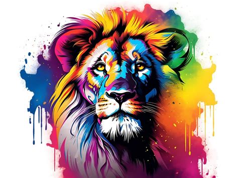 Colorful Lion Face Head Vivid Colors Pop Art Vector Illustrations Black