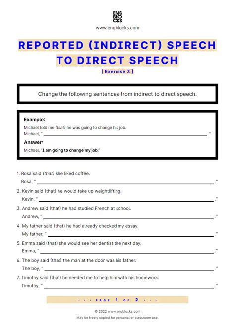 Reported (indirect) speech to Direct Speech — Exercise 3 | ESL Worksheets