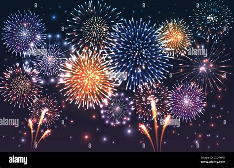 Vibrant Fireworks Illuminating The Dark Night Sky Stock Vector Image