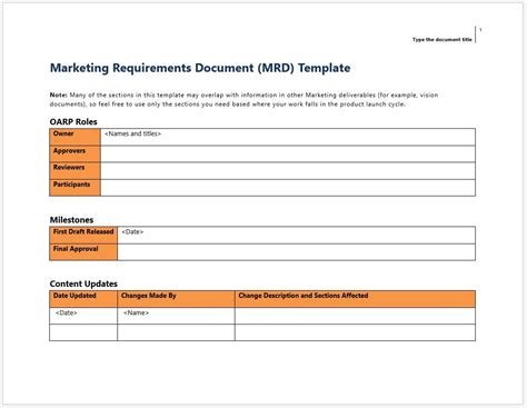 Market Requirements Document Template Pdf Template