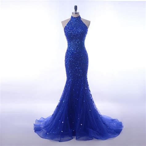 Luxury Sequin Crystals Long 2018 Royal Blue Halter High Neck Mermaid