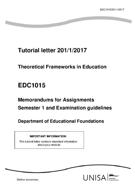 PDU3701 2017 ASS MEMO WITH MCQ Answers EDC1015 201 1 Tutorial Letter