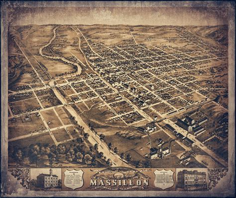 Massillon Ohio Vintage Map Birds Eye View 1870 Sepia Photograph By Carol Japp Fine Art America