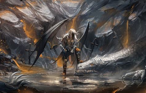 Crosses Dragon Sword Warrior Art Bones Sakimichan Hd Wallpaper