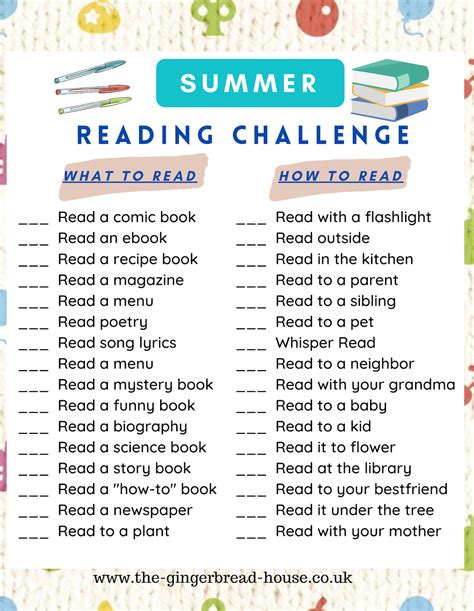 Free Summer Reading Challenge Checklist The Gingerbread Uk