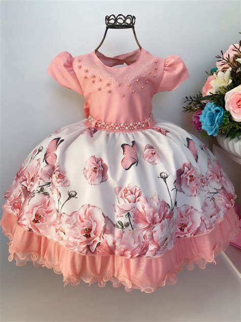 Vestido Infantil Rosa Floral Princesa Luxo Festa Aniversário Rosa