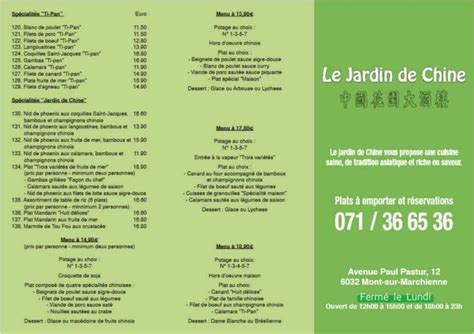 Menu At Le Jardin De Chine Charleroi