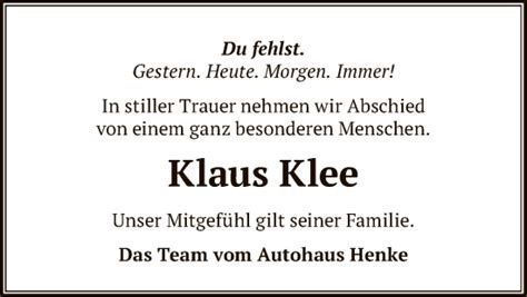 Traueranzeigen Von Klaus Klee Trauer Kreiszeitung De