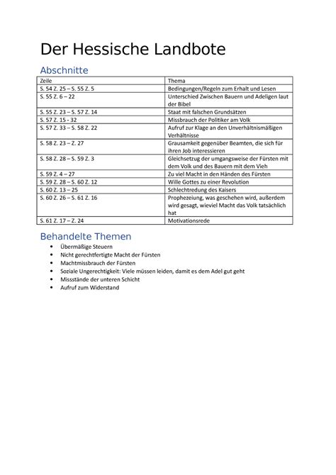 Der Hessische Landbote Gliederung In Textabschnitte Der Hessische