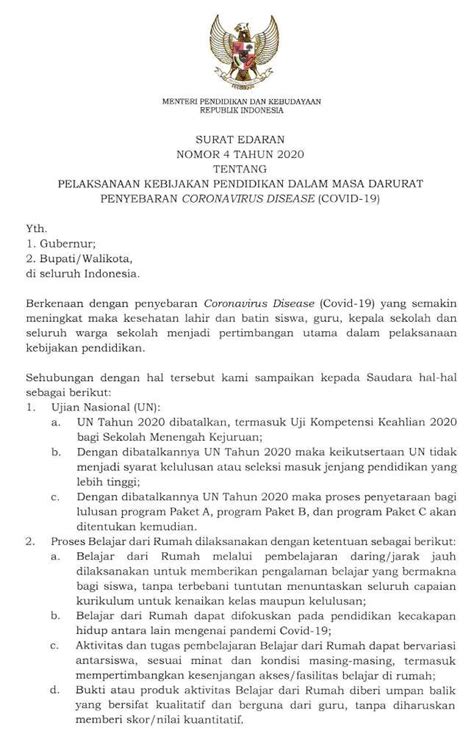 SURAT EDARAN MENDIKBUD NOMOR 4 TAHUN 2020 TENTANG PELAKSANAAN KEBIJAKAN