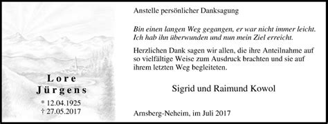 Traueranzeigen Von Lore J Rgens Trauer In Nrw De