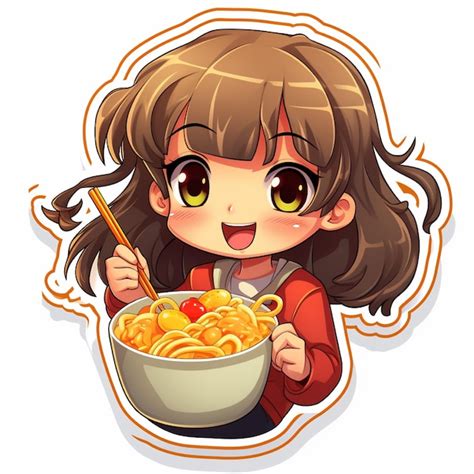 Premium Ai Image Sticker Of Cute Kawaii Girl Eating Ramen