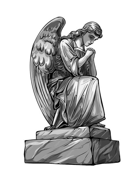 Premium Vector Crying Praying Angel Sculpture With Wings Monochrome