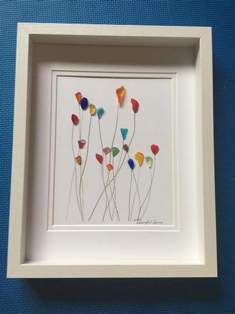 “flowers” This Lovely Colorful Sea Glass Art Framed By Me In 11x14 White Shadow Box As Shown