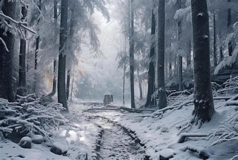 Premium AI Image | snow falls in a forest with covered trees