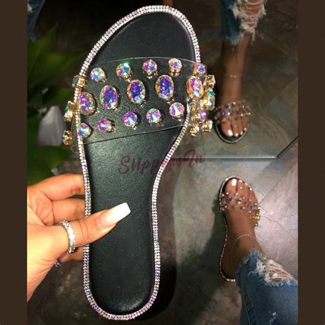 Women S Slide Sandals Glittering Crystals Rhinestone Flat Slides