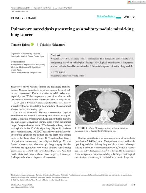 PDF Pulmonary Sarcoidosis Presenting As A Solitary Nodule Mimicking