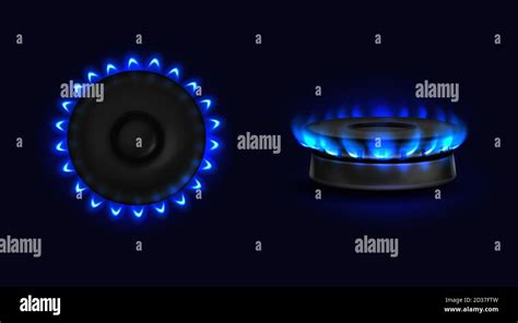 Burning Gas Stove With Blue Flame Top And Side View Kitchen Burner