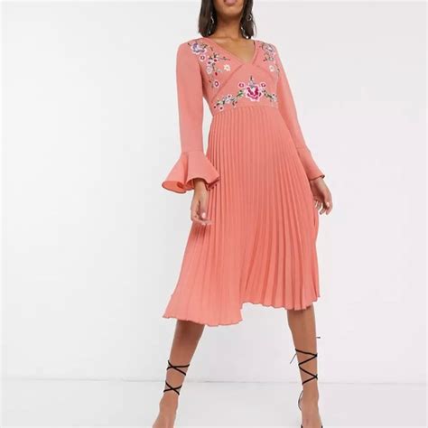 Asos Dresses Asos Design Embroidered Pleated Midi Dress Poshmark