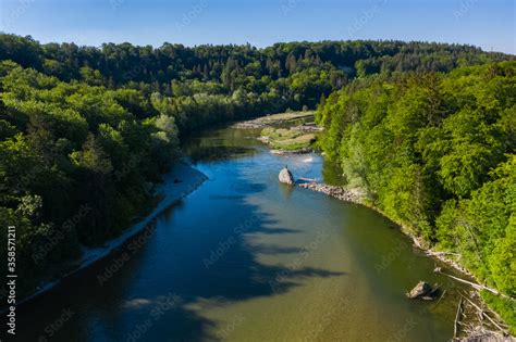 Isar river bird view in the south of Germany. River flowing to Danube river in south Germany ...