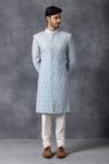 Buy Blue Pure Georgette Lucknowi Embroidered Sherwani Set For Men By