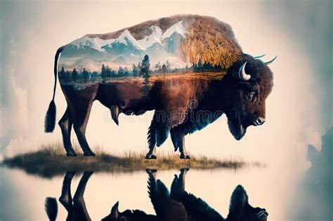 Male Bison Grazing on Grassland with Double Exposure Natural Background ...