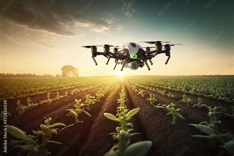 Drone quad copter on green Agricultural Field. Agricultural new ...