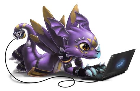 A Purple And Gold Dragon Sitting On Top Of A Laptop Computer Next To A