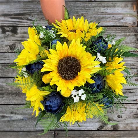 Sunflower Navy Boho Wildflower Bouquet Sunflower Bridesmaid Bouquet Sunflower Bouquets