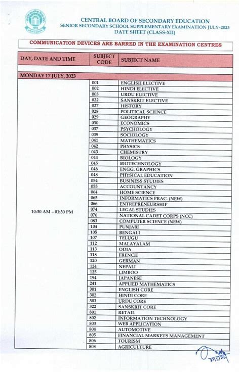 Cbse Class 12 Compartment Date Sheet 2023