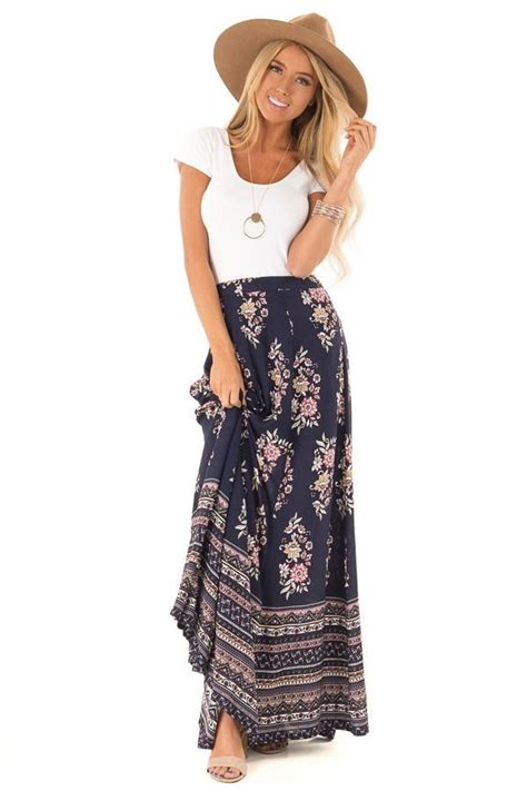 Navy Floral And Paisley Print Flowy Maxi Skirt Front Full Body Diy