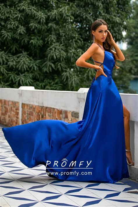 Sexy Royal Blue Satin Spaghetti Straps Slit Prom Dress Promfy