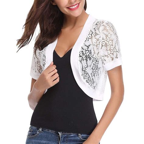 Women Short Sleeve Floral Lace Shrug Open Front Bolero Cardigan