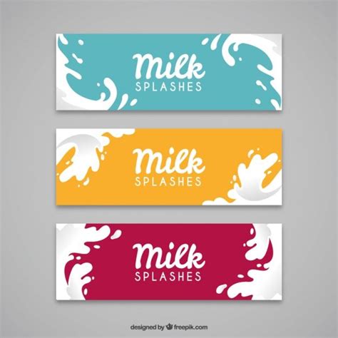 Three Banners With Milk Splashes In Different Colors And Sizes On The