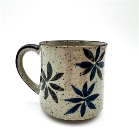 Vintage Blue Brown Floral Stoneware Coffee Mug Speckled Japanese